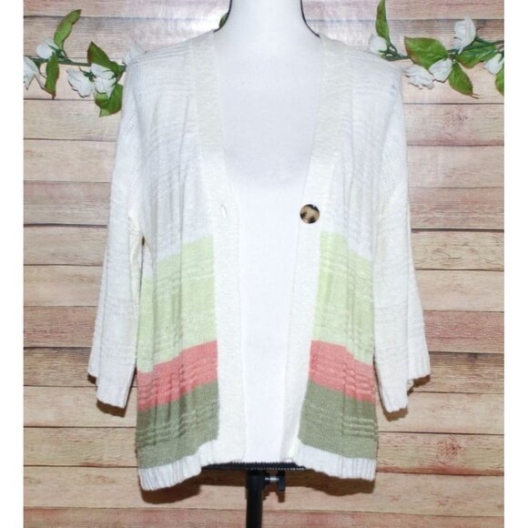 New Directions Single Button Cardigan Sweater Size S V-Neck 3/4 Sleeve Striped - Picture 8 of 12